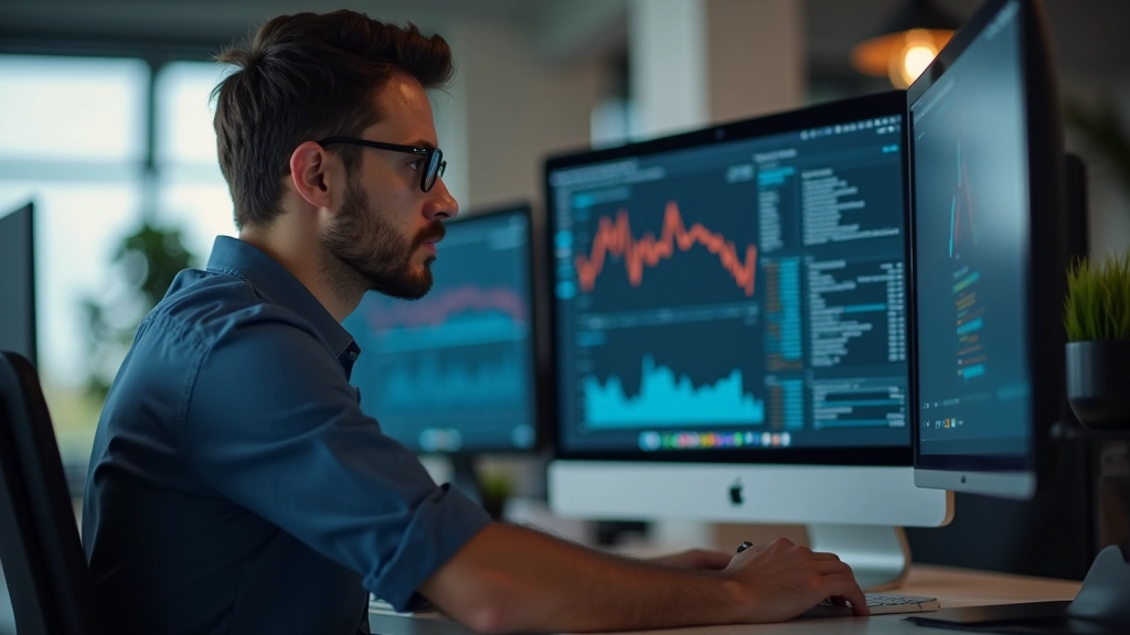 Professionista che controlla metriche di performance su uno schermo, analitiche di velocità sito e Core Web Vitals